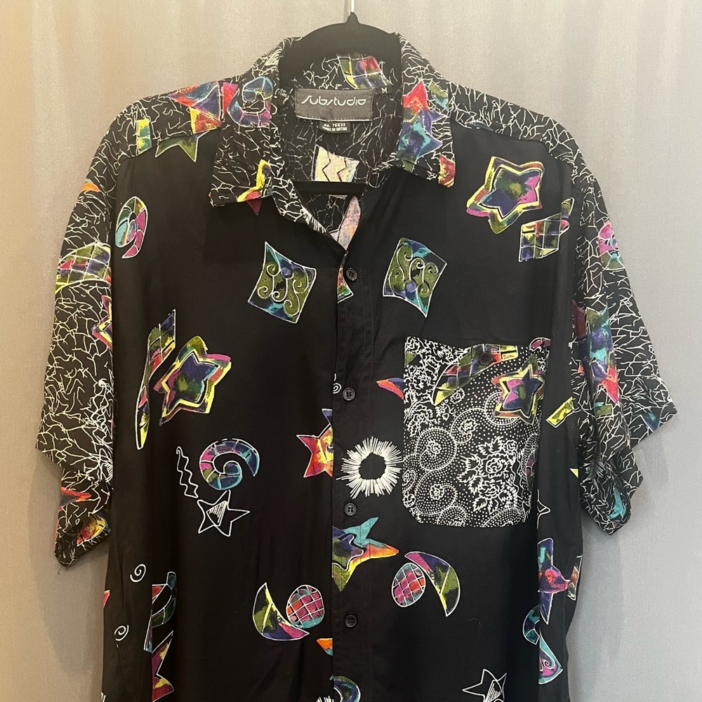 Vintage Substudio Men’s Short Sleeve Multicolor Star & Geometric Print Shirt